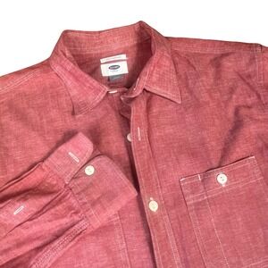 Old Navy Mens Slim Fit Linen Blend Button Down Shirt Red Pink Size M Long Sleeve